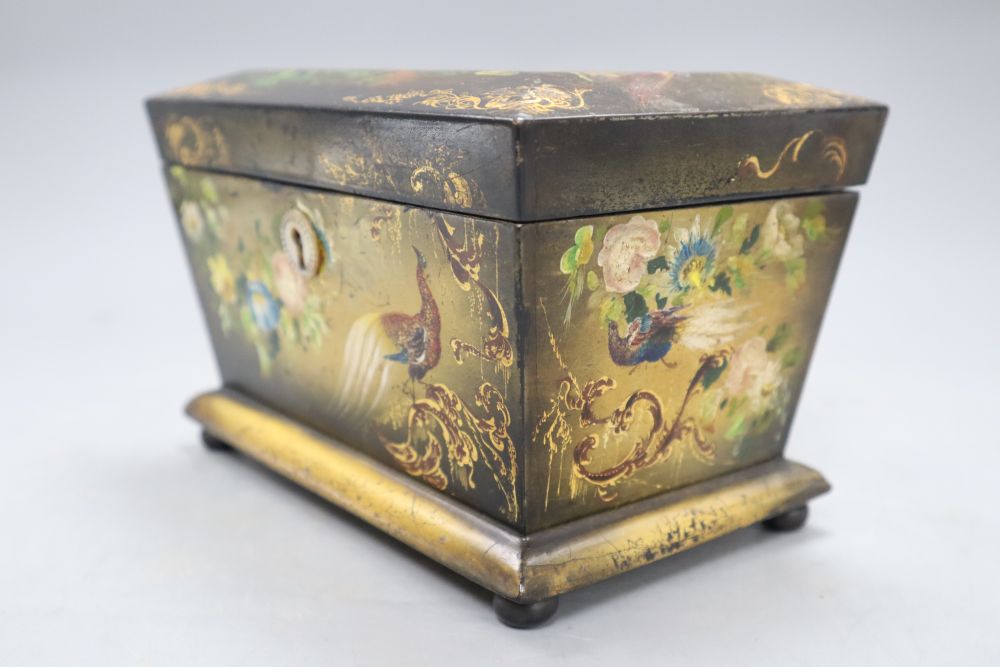 A Victorian floral painted papier mache tea caddy, length 20cm